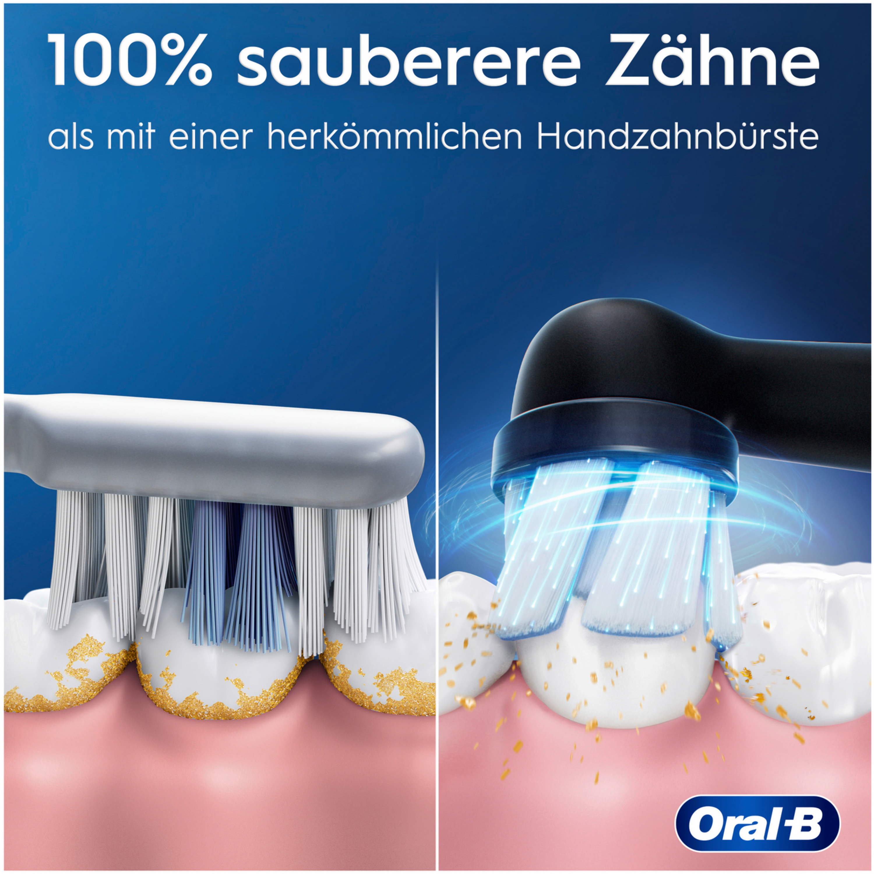 Ein Vergleich der Zahnreinigung. Eine Seite ist eine normale Zahnbürste und die andere eine Oral-B.