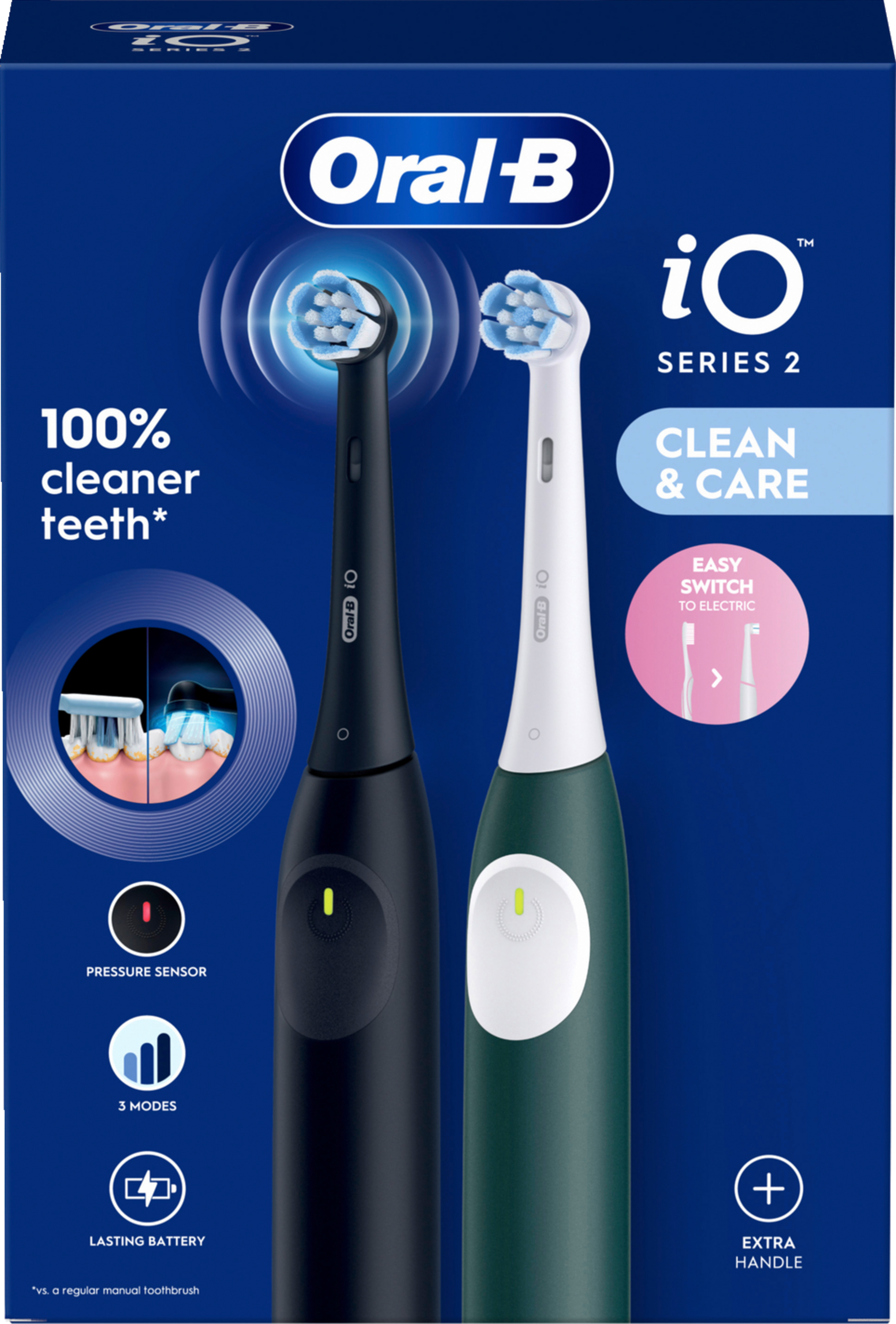 Zwei schwarze und grüne elektrische Zahnbürsten der Oral-B iO Serie 2 in einer Box.