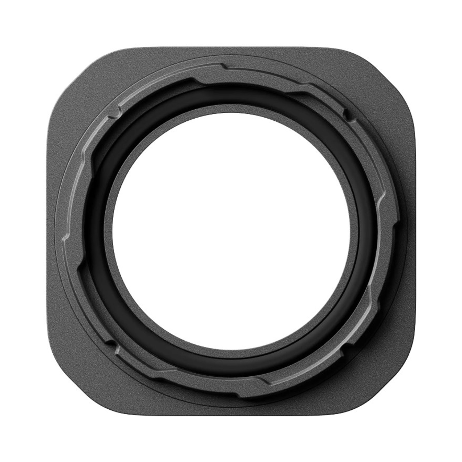 Filtro fotocamera quadrato nero e grigio con un cerchio bianco al centro.