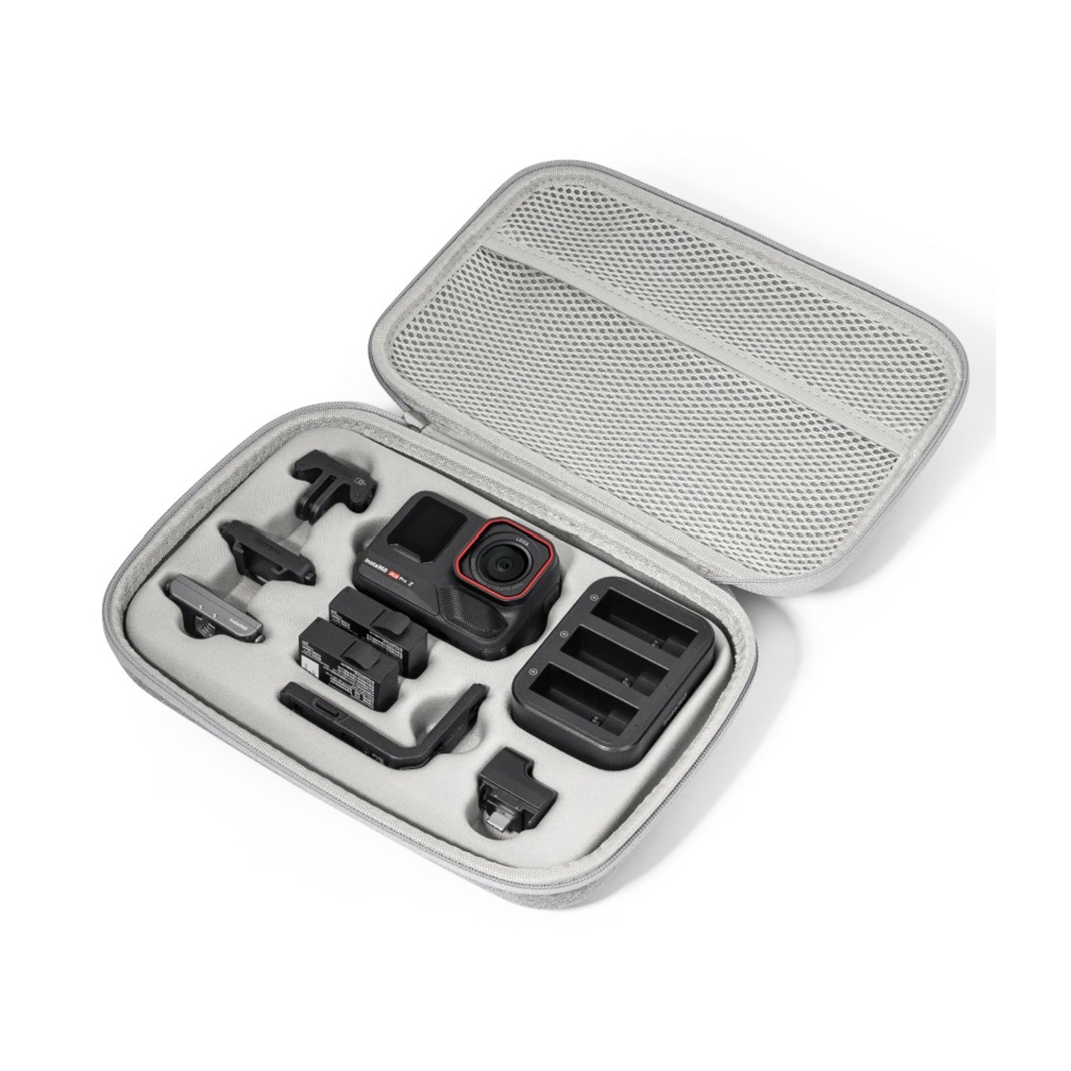 Custodia grigia Insta360 aperta contenente fotocamera, batterie, caricatore e accessori.