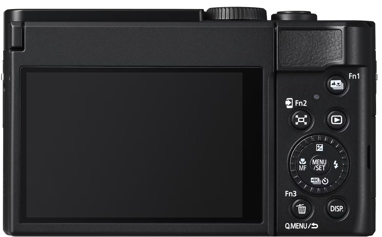 Dos d'un appareil photo numérique noir avec écran et boutons. L'écran est noir.