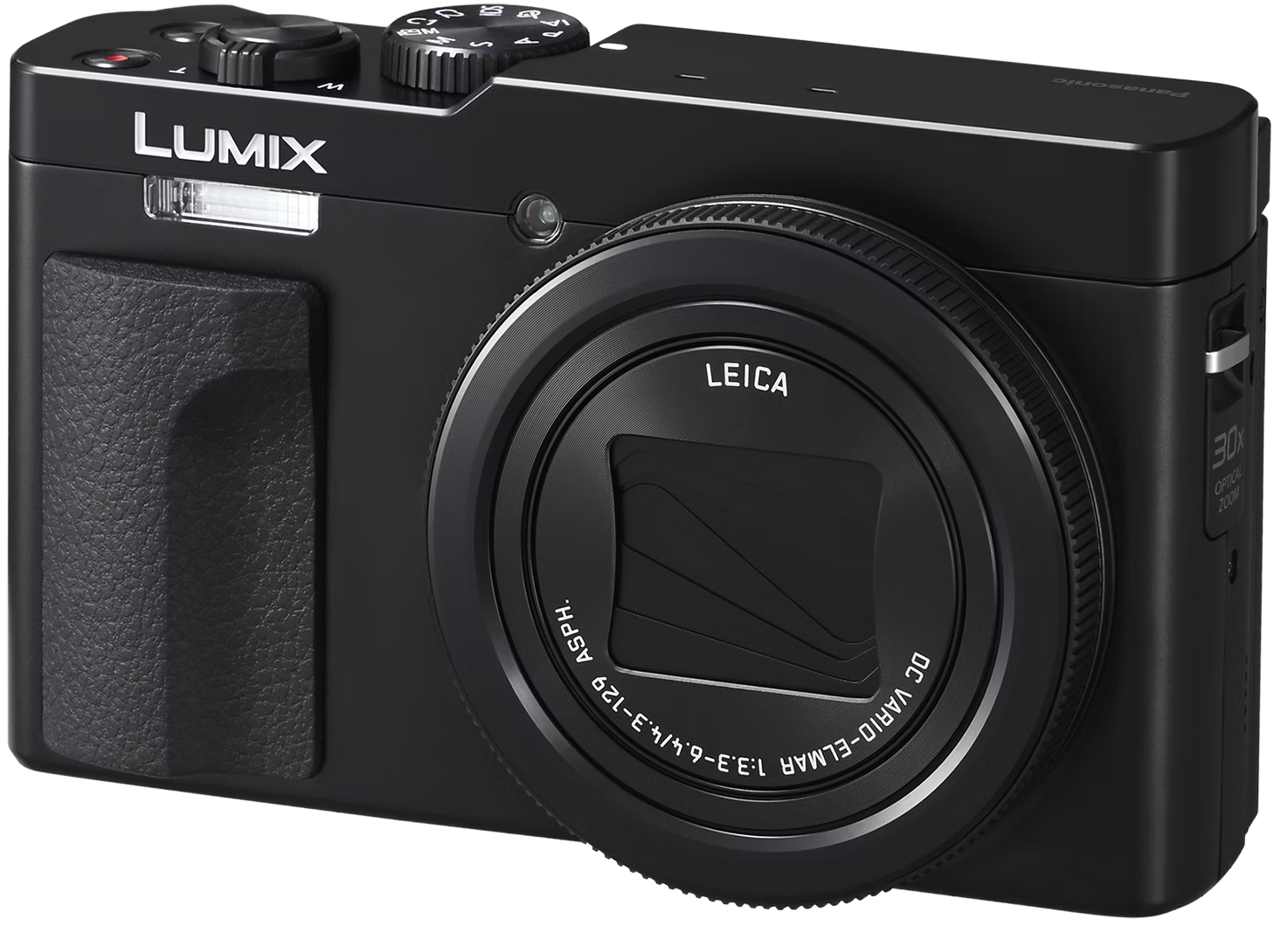 Appareil photo noir avec un objectif Leica. L'appareil photo a un flash et un objectif zoom.