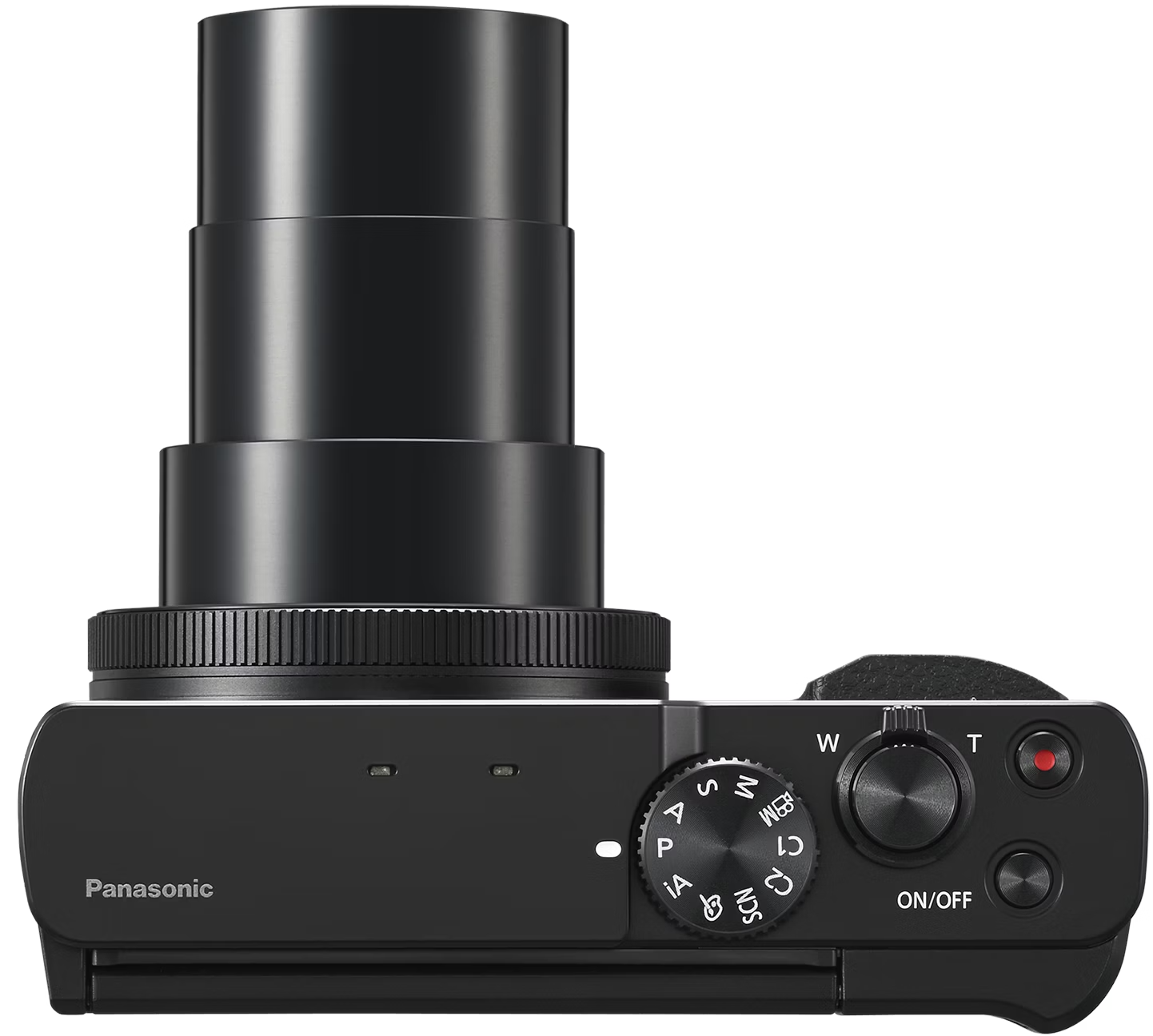 Vue de dessus d'un appareil photo Panasonic noir.