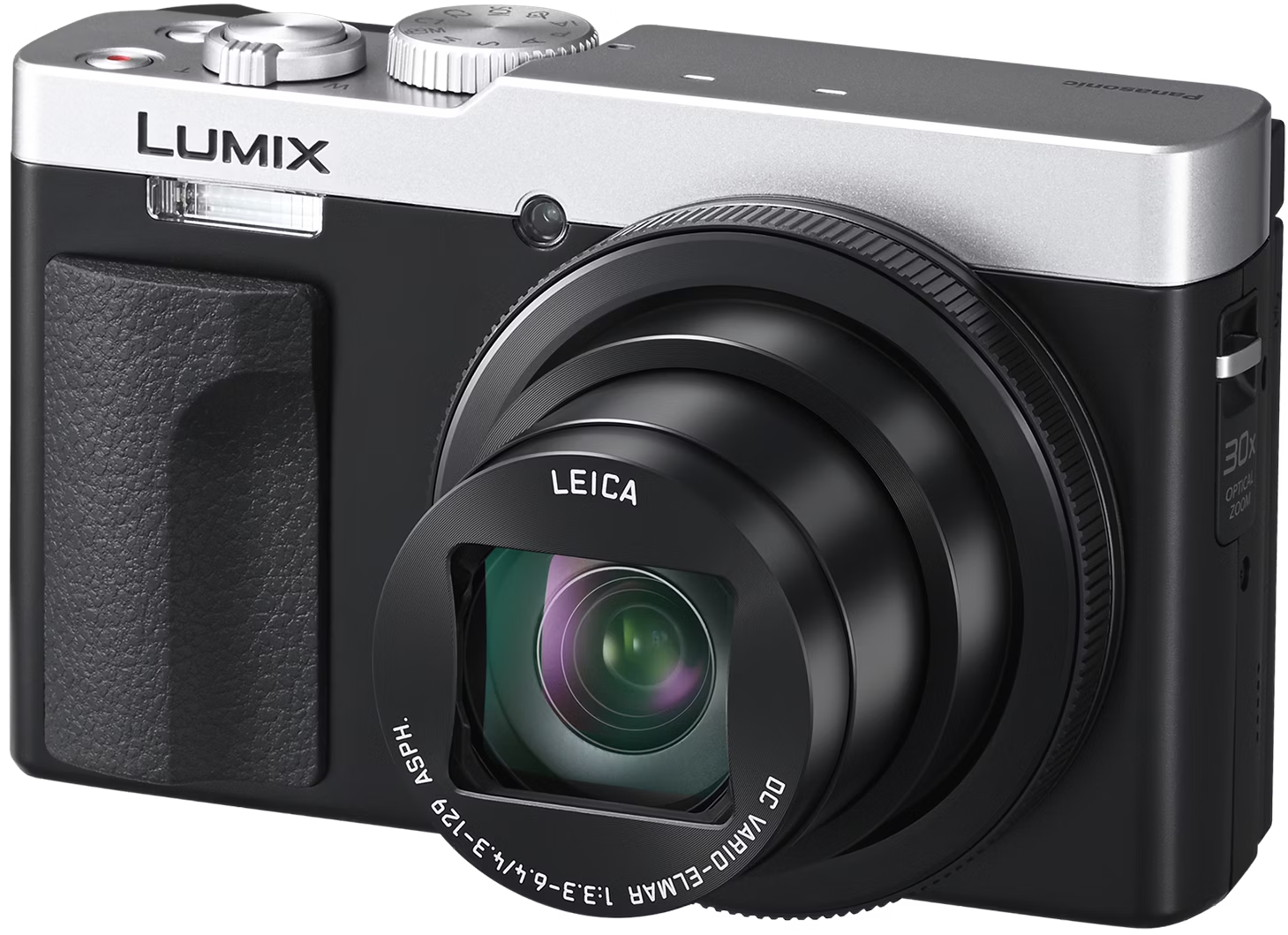 Gros plan d'un appareil photo Panasonic Lumix argenté et noir avec un objectif Leica.