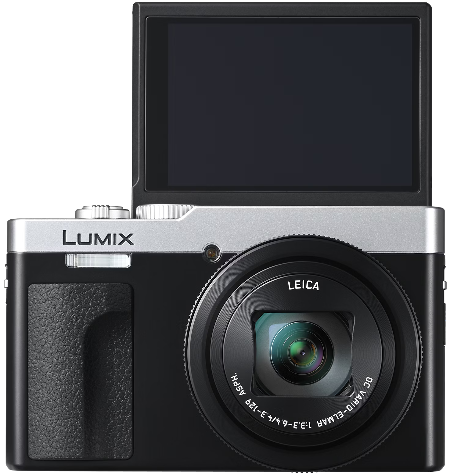 Appareil photo noir et argenté avec écran ouvert. Objectif Leica et logo Lumix. Un appareil moderne.