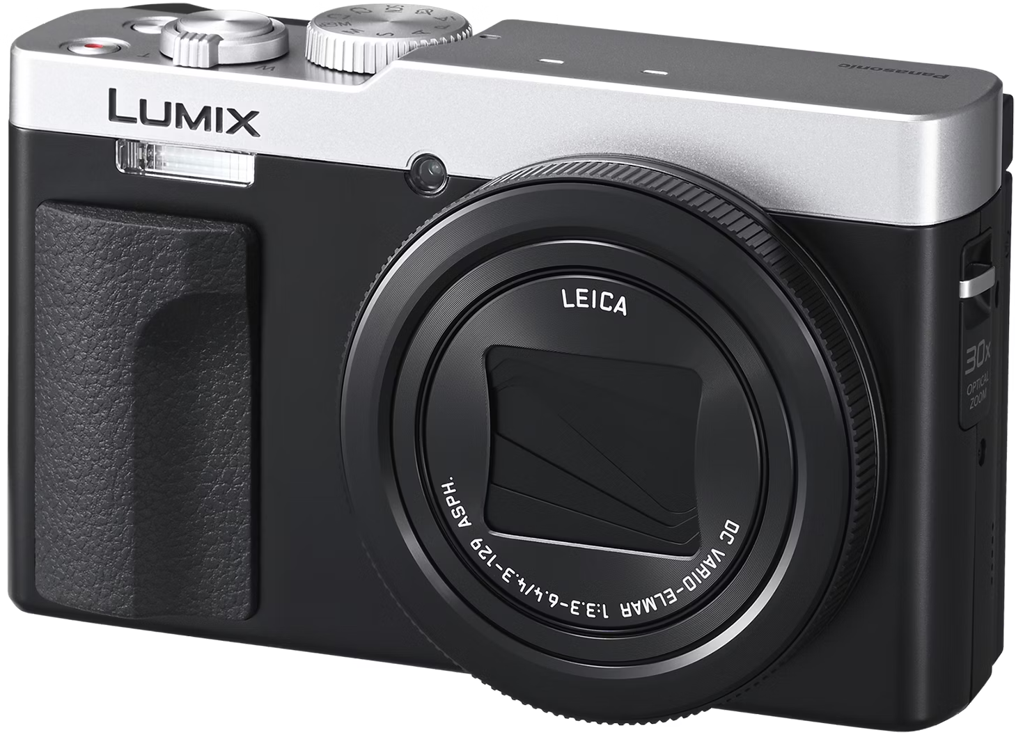 Appareil photo noir et argent avec un objectif Leica. L'appareil photo a un flash et un objectif zoom.