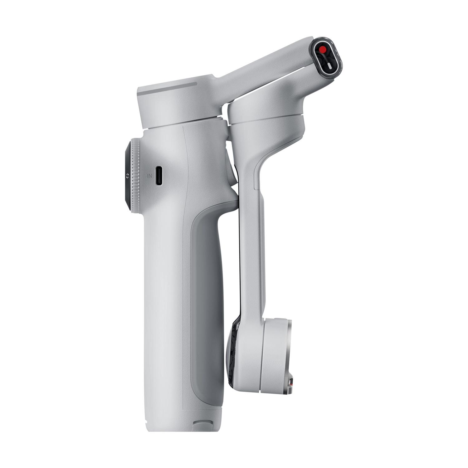 Un gimbal portatile bianco in vista di profilo, che mostra il suo design e la sua forma.