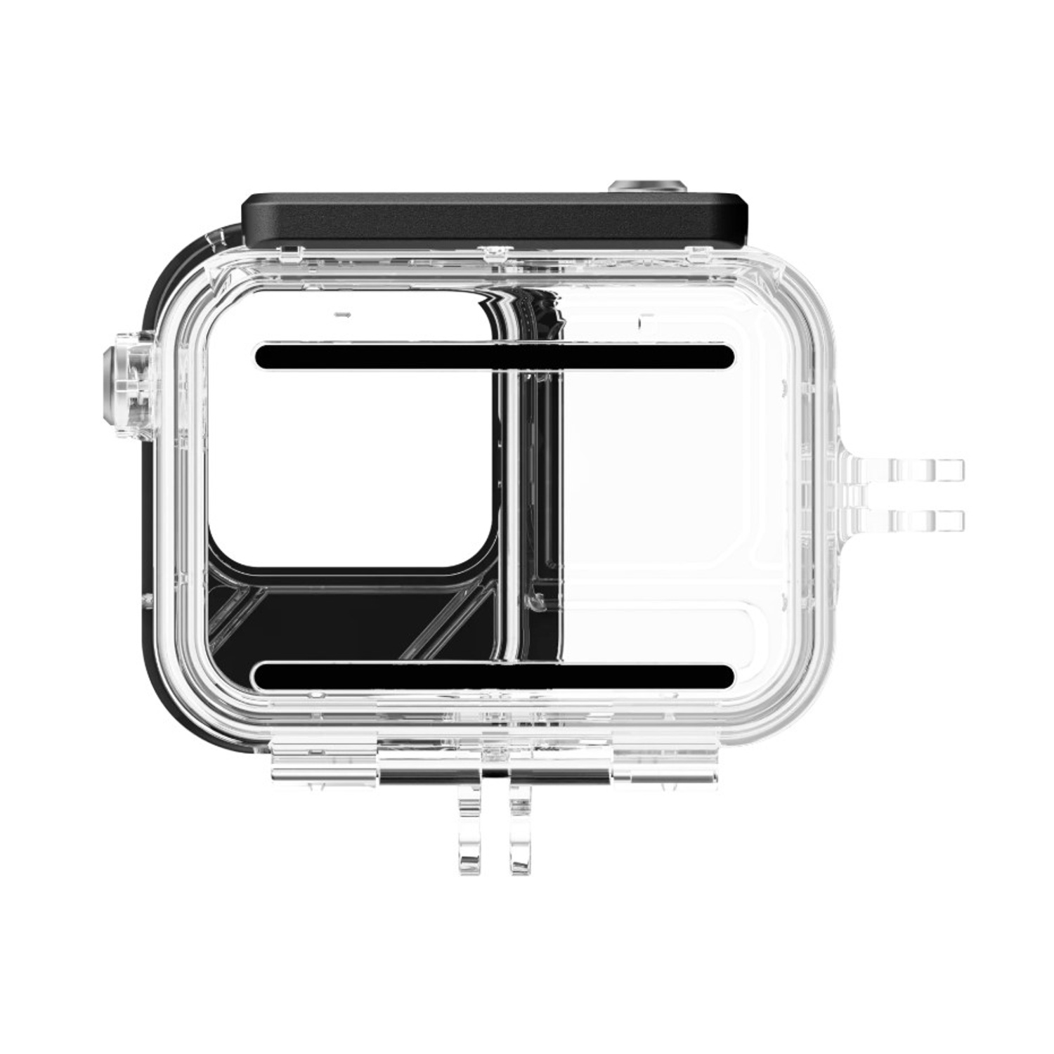 Custodia impermeabile trasparente per una fotocamera. Parte superiore nera, corpo trasparente e punti di montaggio.