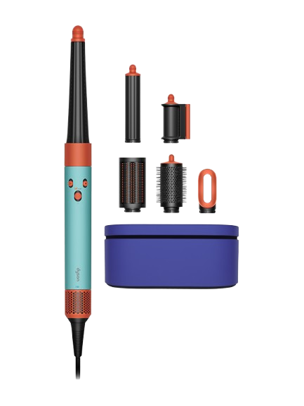 Dyson Airwrap styler con accesorios y estuche. Combinación de colores turquesa y naranja.