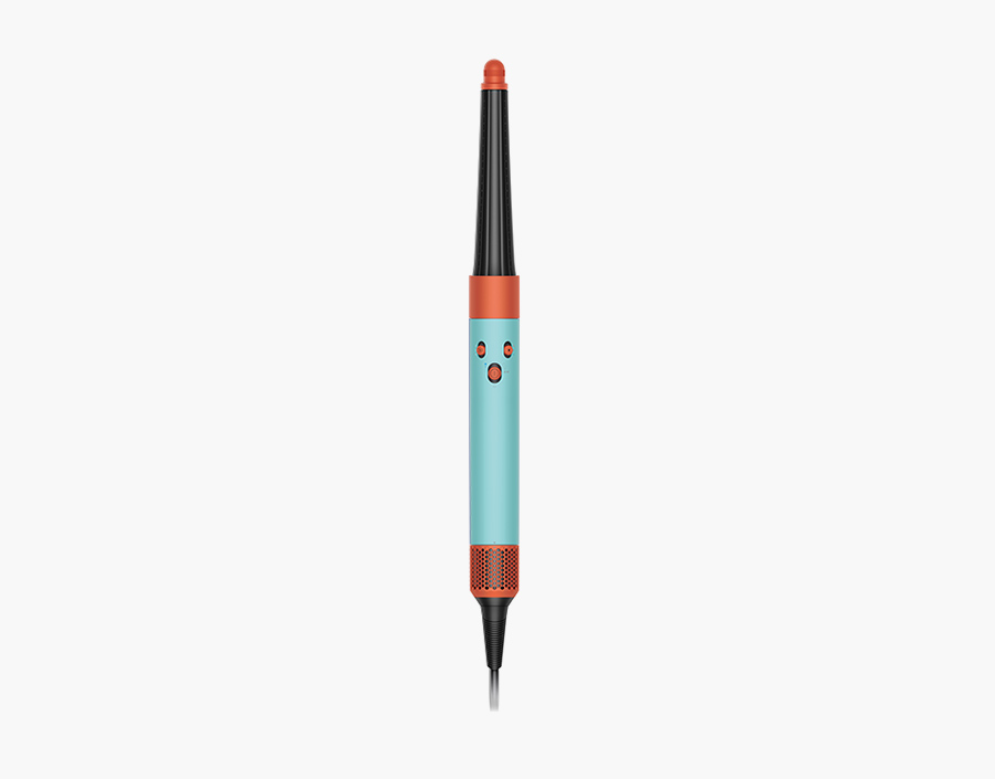 Un rizador de pelo turquesa, negro y naranja, con una punta roja, de pie.