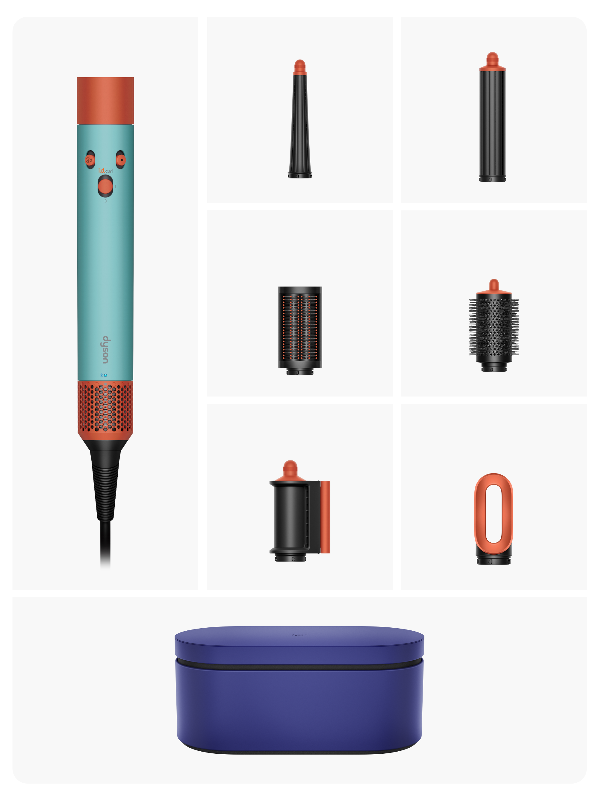 Secador de pelo Dyson con accesorios. El moldeador es turquesa y naranja, con varios accesorios negros.