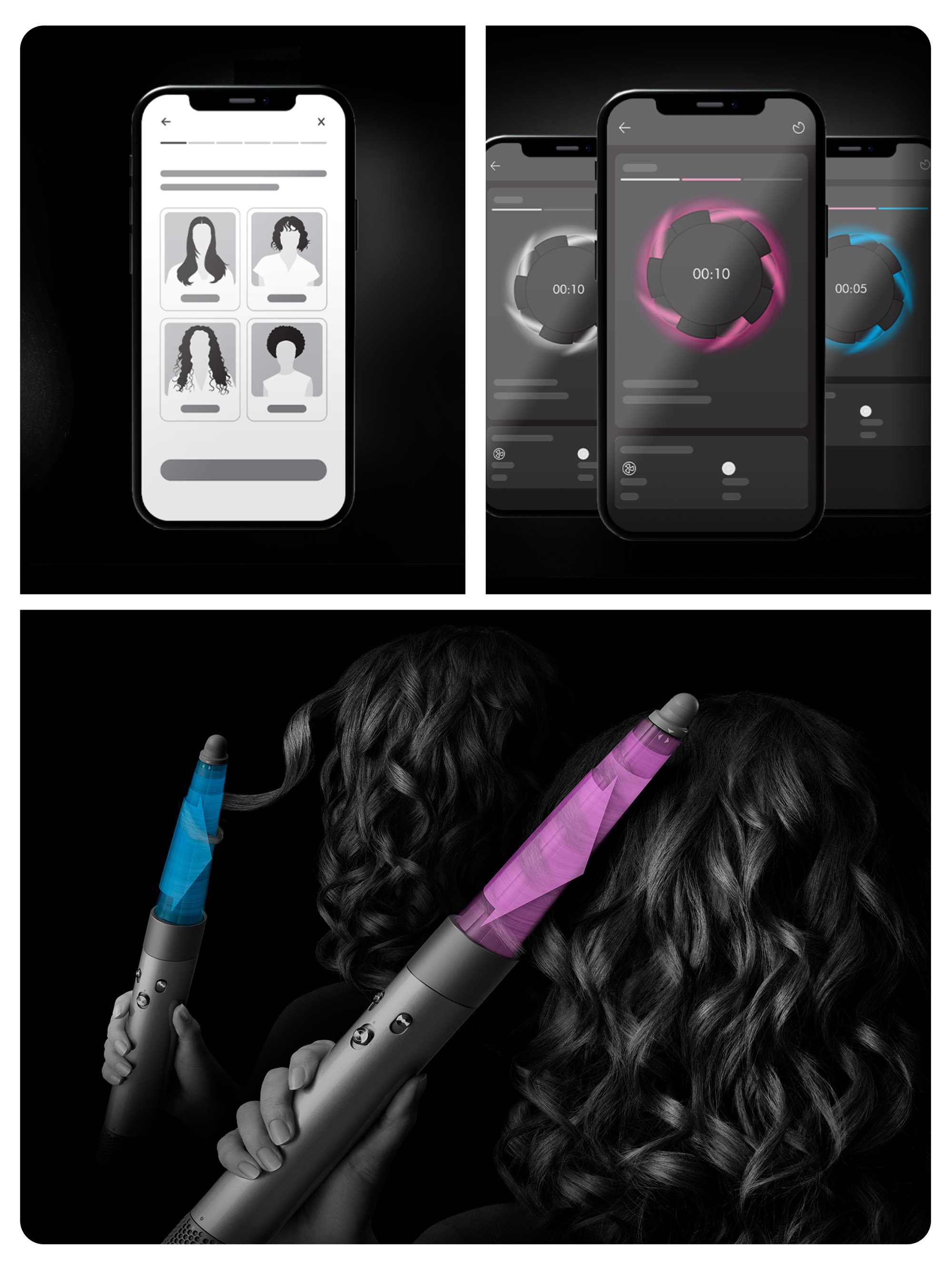 La imagen muestra un smartphone con perfiles de usuario, una herramienta de peinado con efectos de luz y cabello.