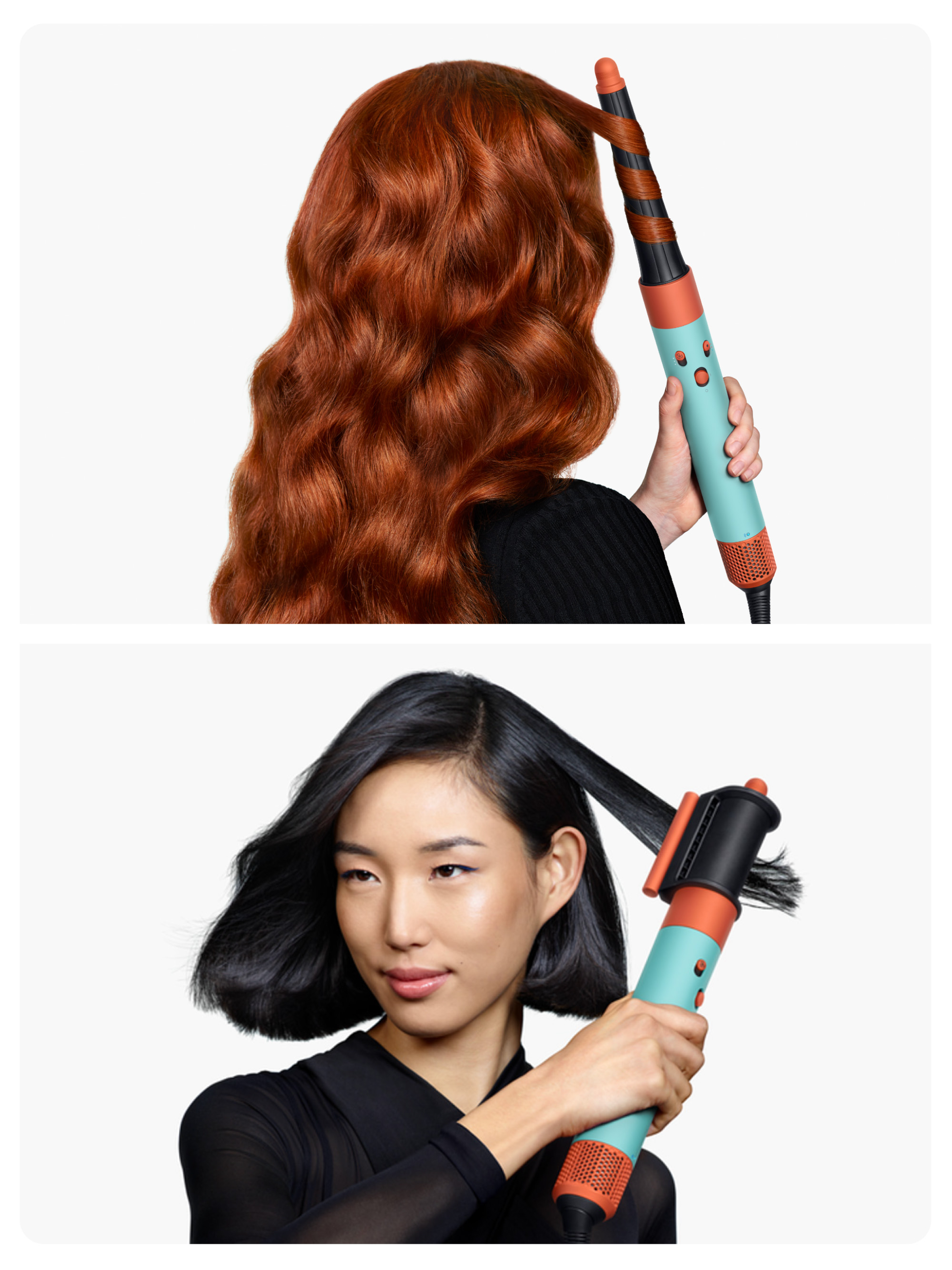 Una mujer con cabello rojo usando un rizador de pelo turquesa, y una mujer con cabello negro usando el rizador.