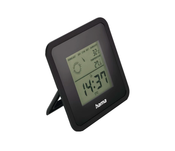 Reloj digital negro que muestra la hora, el clima y la humedad sobre un fondo negro.
