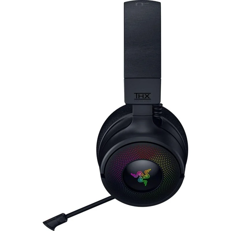 Auriculares gaming Razer negros con micrófono, vista frontal, iluminación arcoíris.