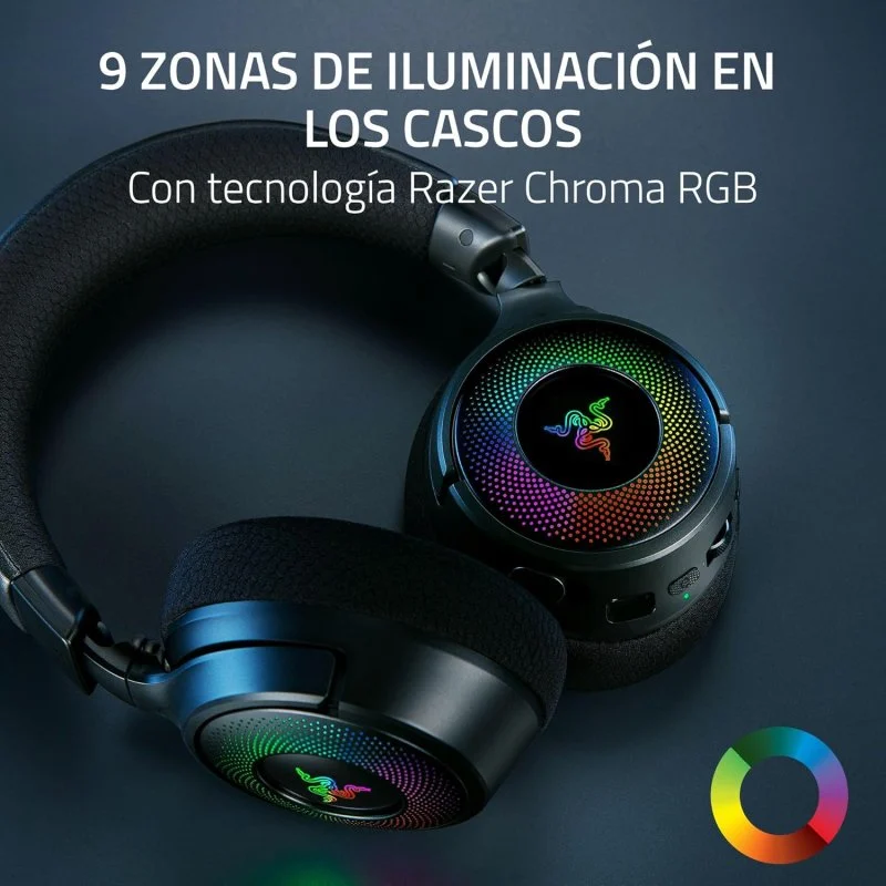 Auriculares Razer negros con luces RGB coloridas. El texto dice "9 zonas de iluminación" y "Razer Chroma RGB".