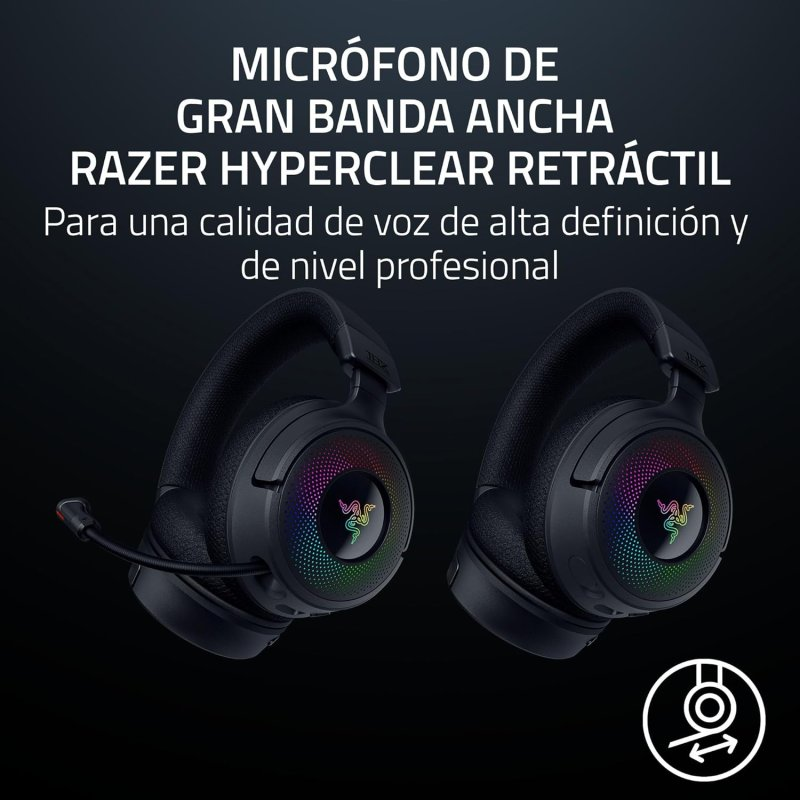 Dos auriculares Razer negros. El texto en español indica el modelo y las funciones para la claridad de voz.