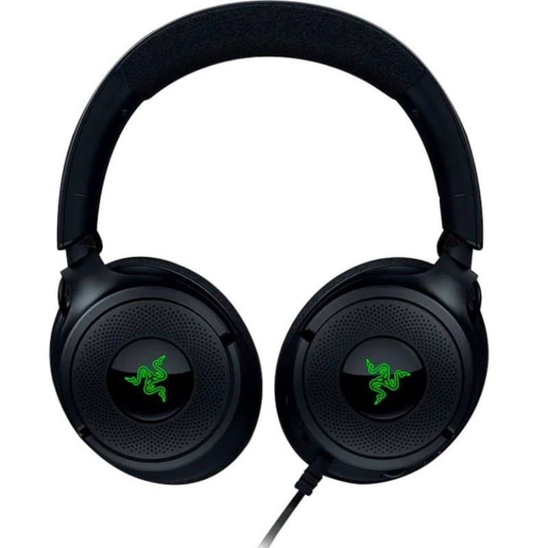 Auriculares Razer negros con logo verde en las orejeras, vista frontal.