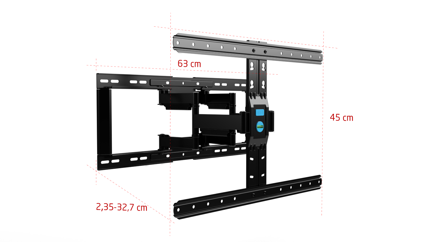 Soporte de pared para TV negro. Medidas con dimensiones. Fondo blanco.