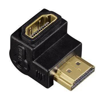 Adaptador HDMI negro con conectores dorados, diseño en ángulo, fondo blanco.