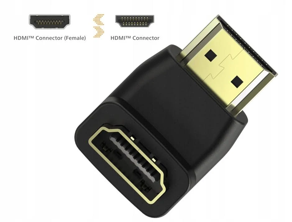 Adaptador HDMI negro con dos conectores, fondo blanco.