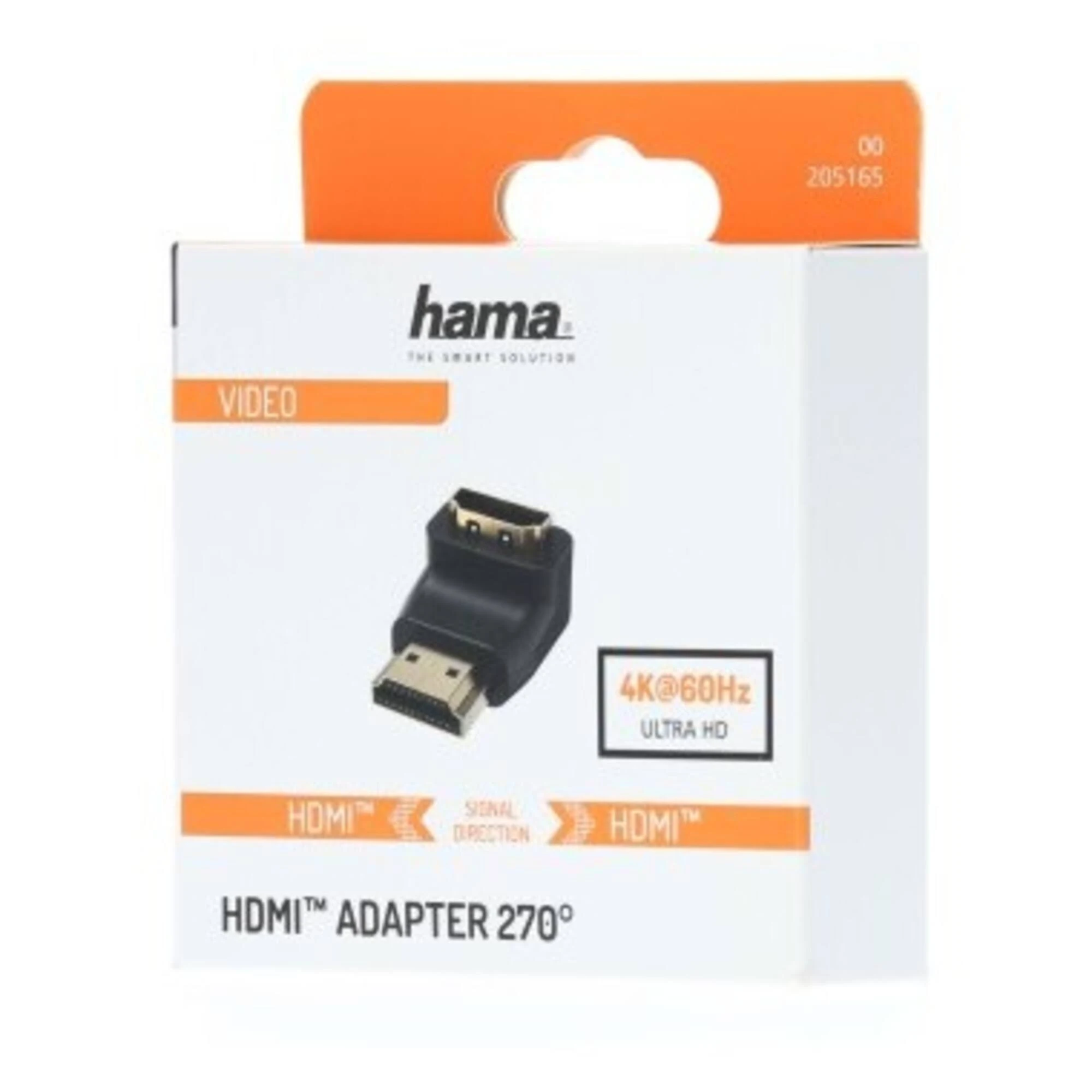 Una caja adaptadora HDMI de Hama. Adaptador negro en el interior. Caja naranja y blanca con texto: Adaptador HDMI 270°, 4K@60Hz, Ultra HD.