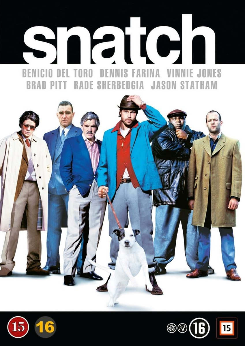 Filmposter: Een groep mannen in pakken rond een hond, met het woord 'snatch' erboven.