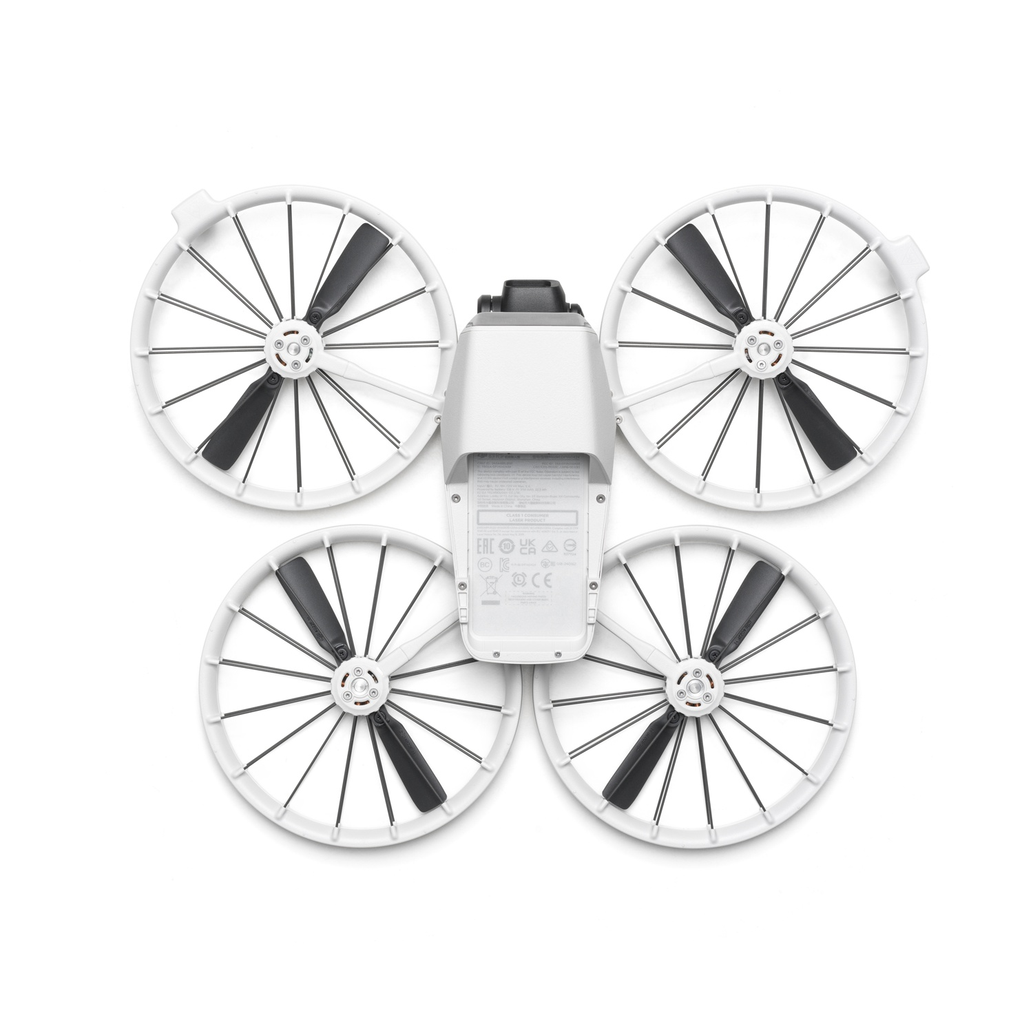 Drone bianco con quattro eliche e un corpo centrale.