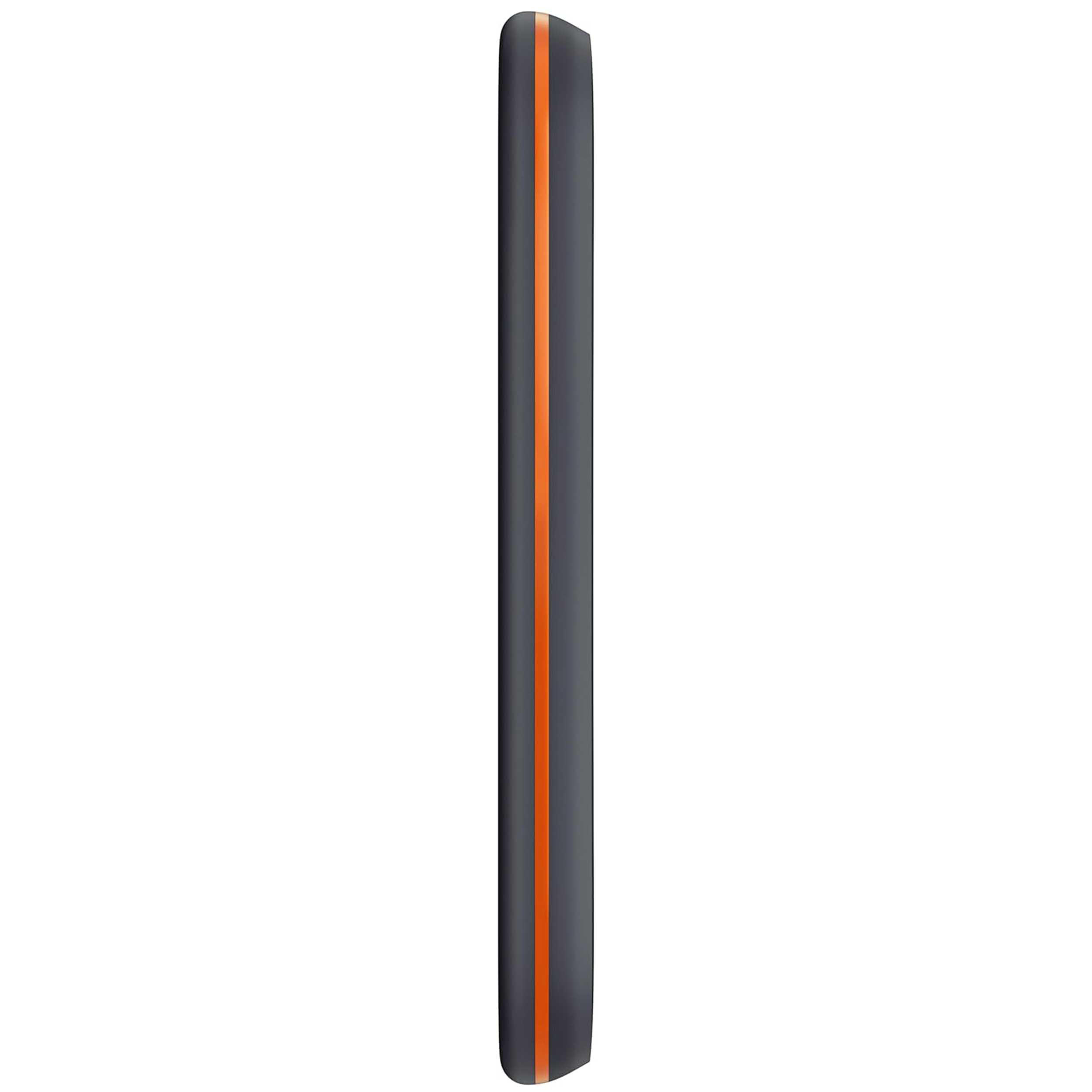 Seitenansicht eines Telefons mit orangefarbenen Akzenten.