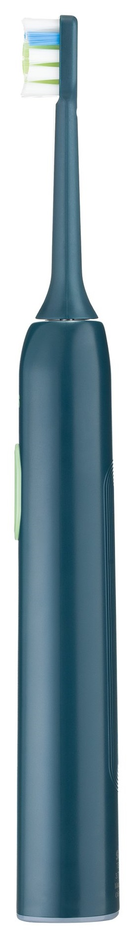 Elektryczna szczoteczka do zębów, w kolorze morskim. Główka z białym, zielonym i niebieskim włosiem.