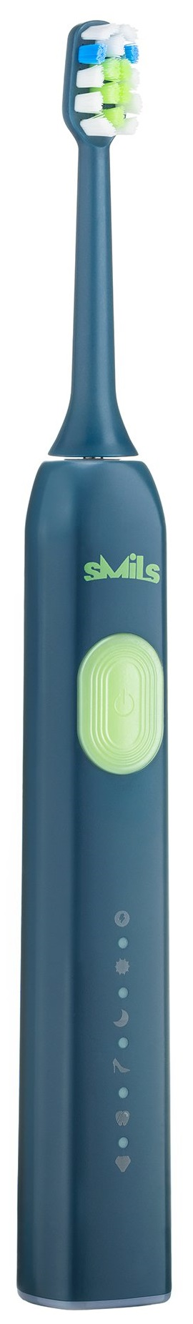 Niebieska elektryczna szczoteczka do zębów z zielono-białym włosiem i zielonym przyciskiem zasilania.