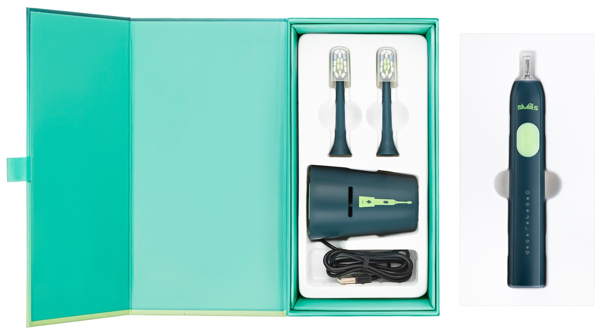 Otwarte pudełko ze szczoteczką do zębów, ładowarką i dwiema końcówkami. Widoczna jest również osobna szczoteczka.