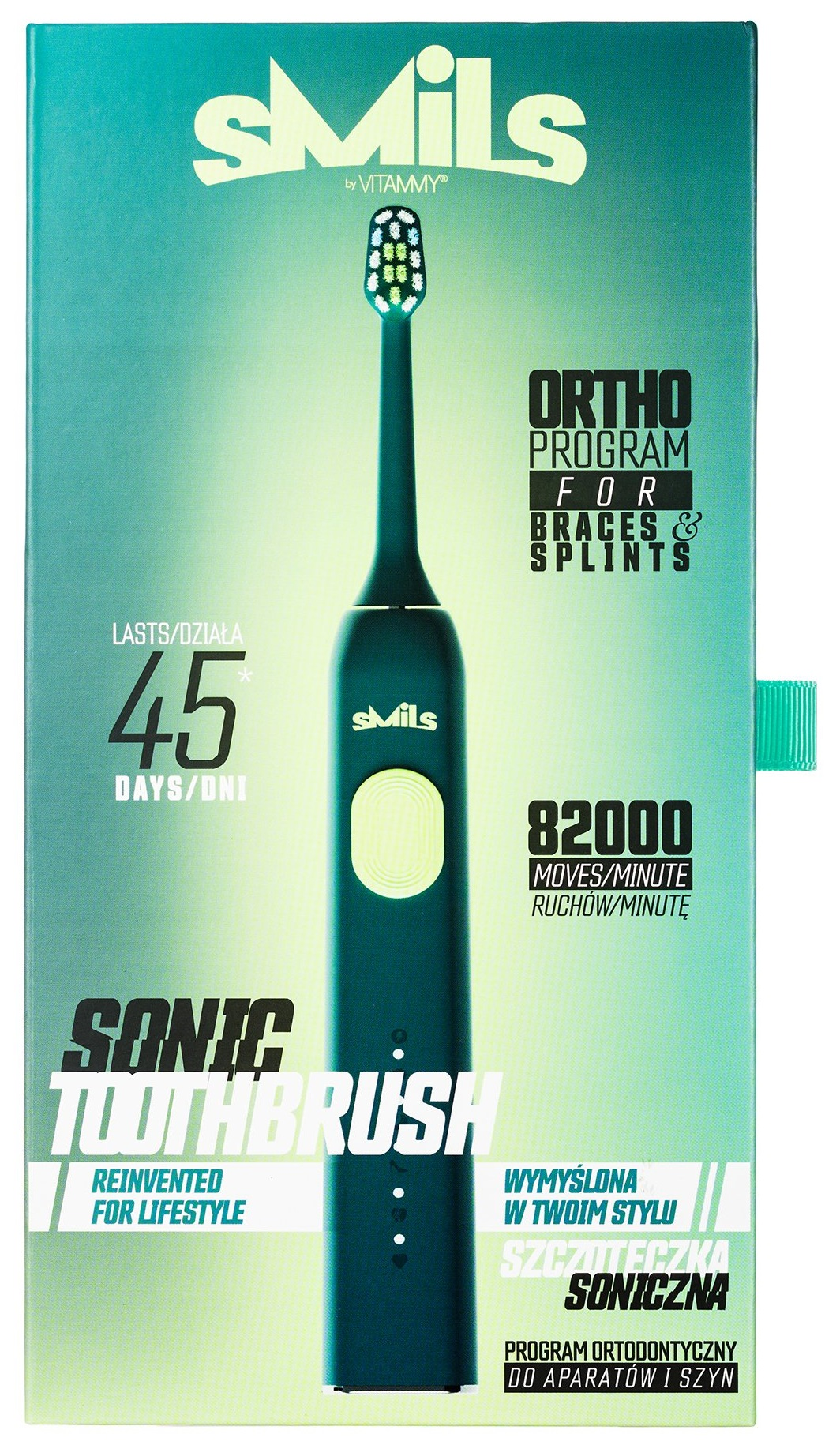 Pudełko ze szczoteczką soniczną. Kolory zielony, czarny i biały.