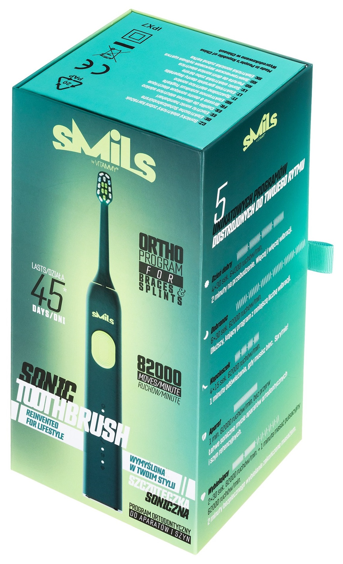 Markowe pudełko szczoteczki sonicznej. Tekst na pudełku zawiera 'smils', 'szczoteczka soniczna' i szczegóły programu.