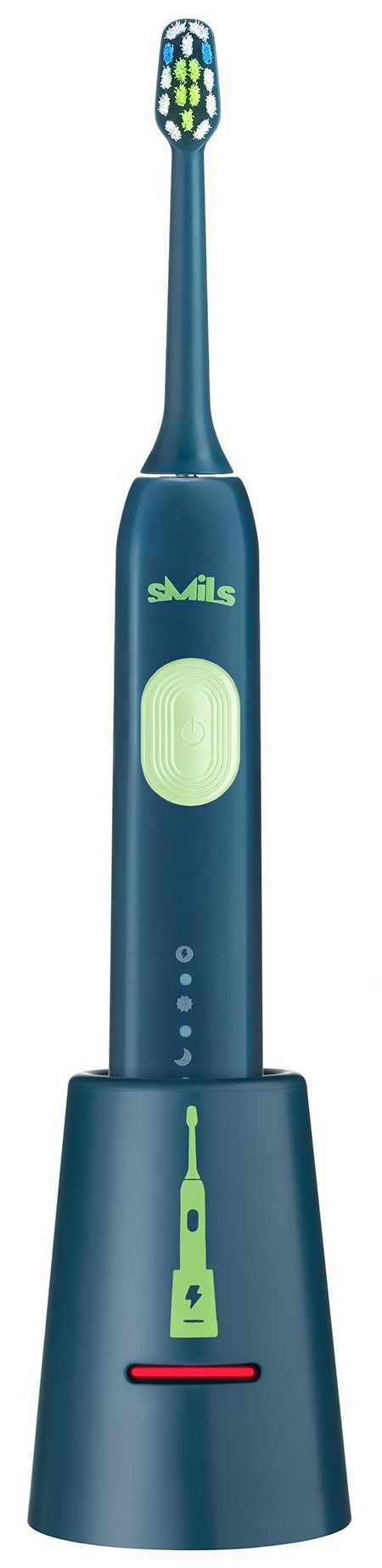 Ciemnoniebieska szczoteczka soniczna z podstawą ładującą. Szczoteczka ma zielony przycisk zasilania i wskaźniki.