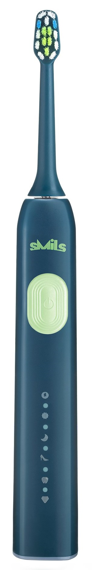 Ciemnoniebieska szczoteczka soniczna z zielonym przyciskiem zasilania i białą główką. Szczoteczka posiada wskaźniki.