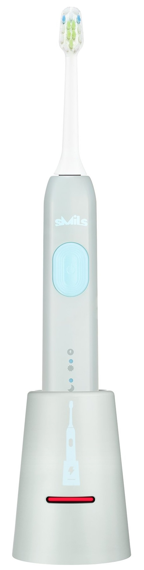 Szczoteczka elektryczna na stacji ładującej. Szczoteczka jest szara i ma niebieski przycisk.