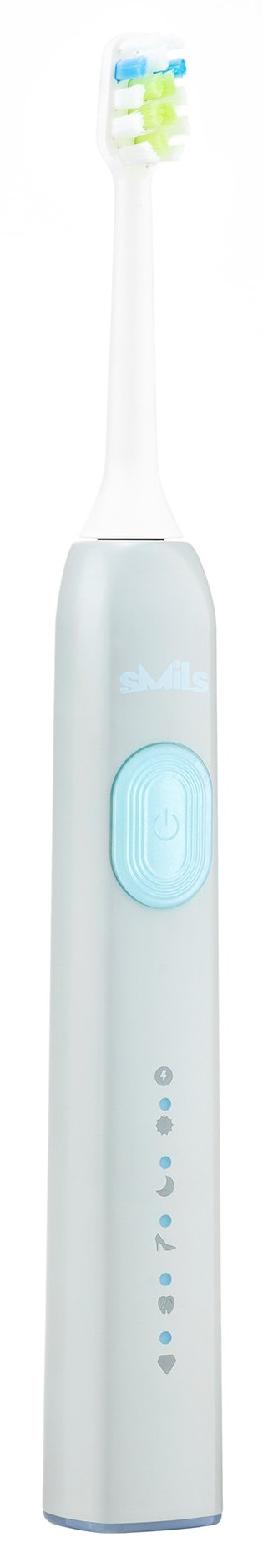 Jasnoniebieska szczoteczka soniczna z niebieskim przyciskiem zasilania i białą główką. Szczoteczka posiada wskaźniki.