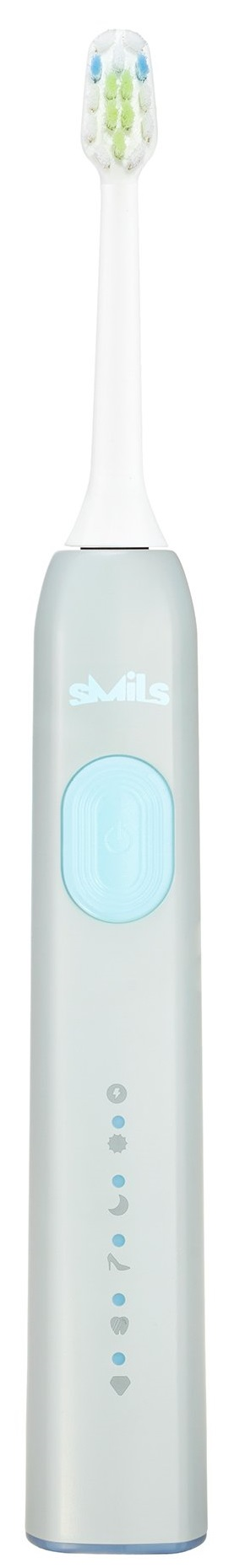 Jasnoniebieska szczoteczka soniczna z niebieskim przyciskiem zasilania i białą główką. Szczoteczka posiada wskaźniki.