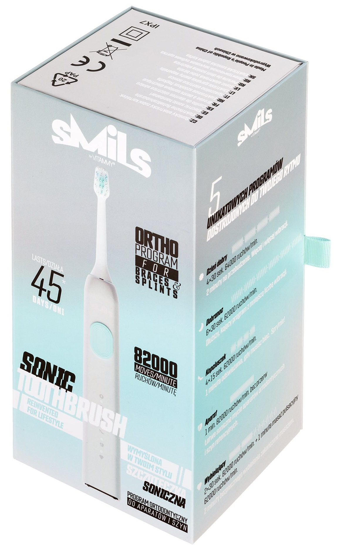 Markowe pudełko szczoteczki sonicznej. Tekst na pudełku zawiera 'smils', 'szczoteczka soniczna' i szczegóły programu.