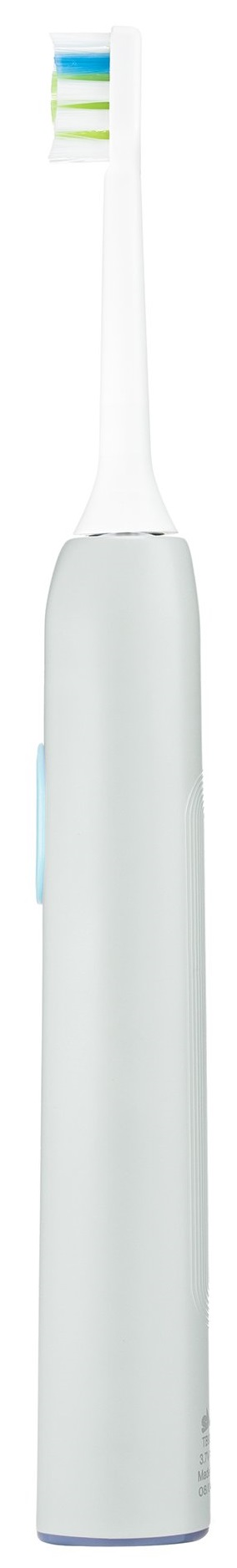 Jasnoniebieska szczoteczka soniczna z białą główką. Szczoteczka jest prosta i bez wskaźników.