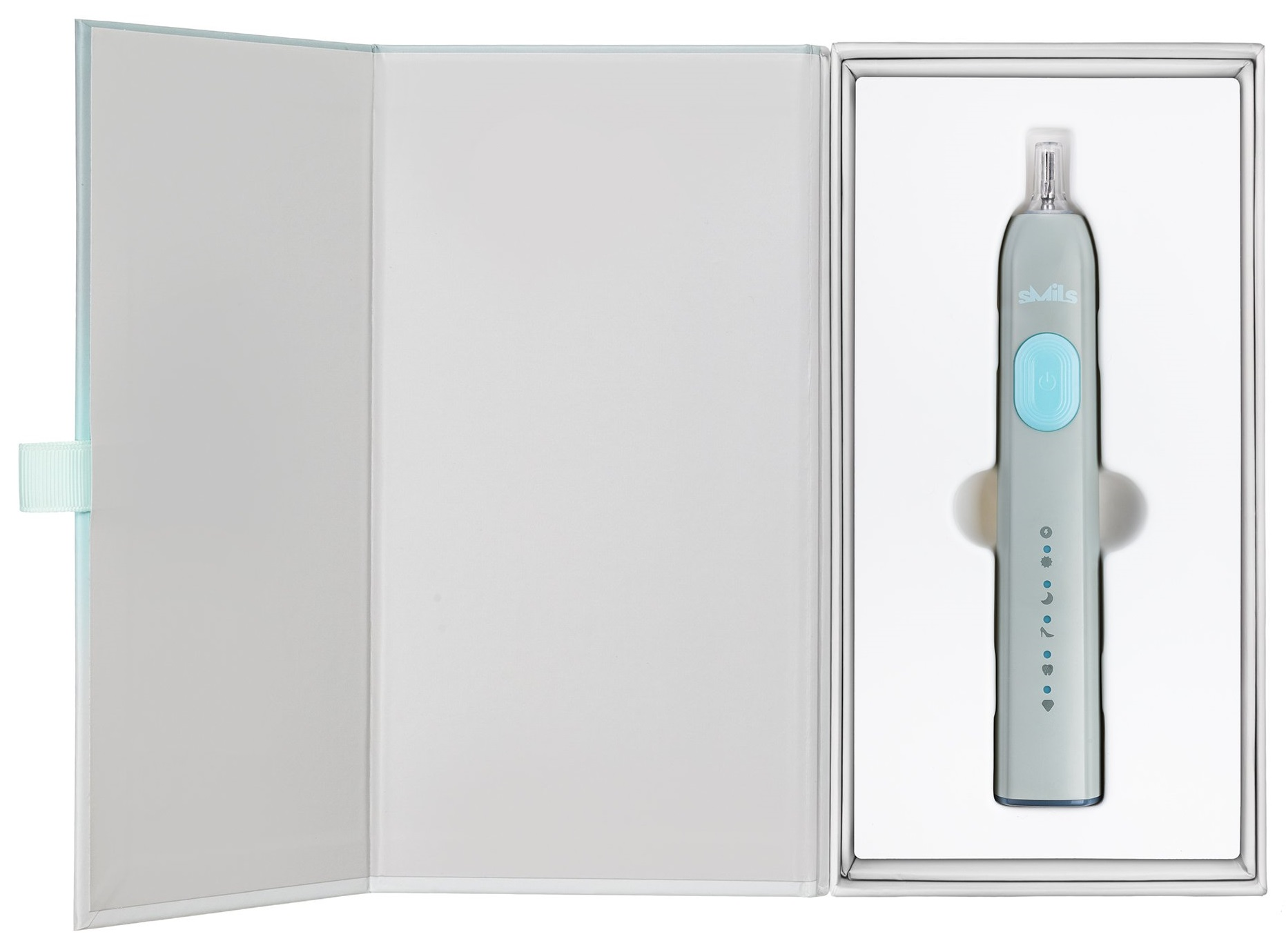 Otwarte pudełko z jasnoniebieską szczoteczką soniczną. Szczoteczka znajduje się w białej przegródce.