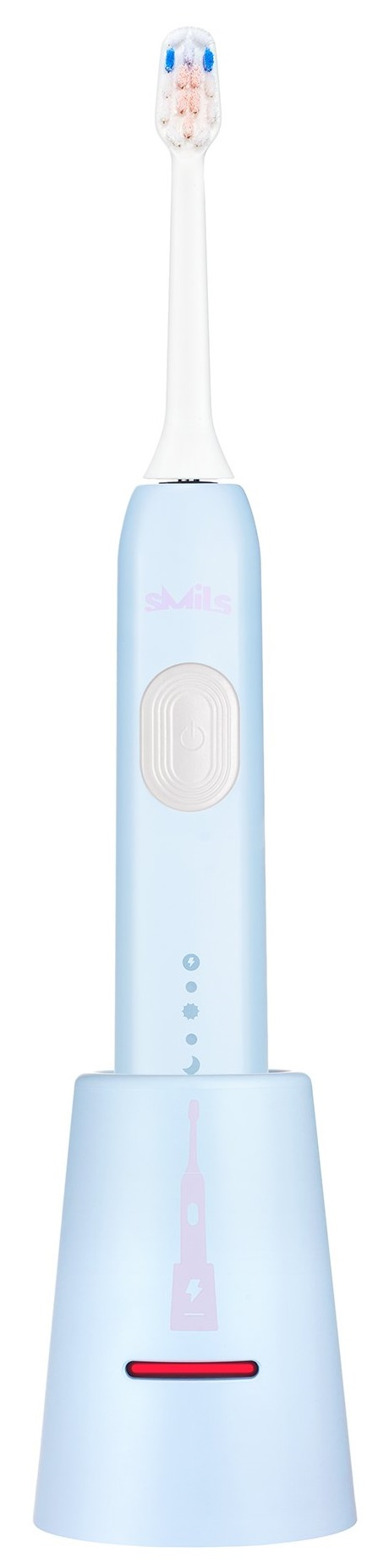 Jasnoniebieska elektryczna szczoteczka do zębów na podstawie ładującej z widoczną marką smils.