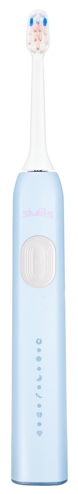 Pokazano jasno niebieską szczoteczkę do zębów Smilo z przyciskiem zasilania.