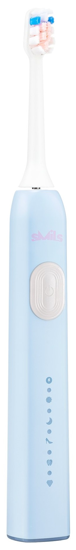Jasnoniebieska szczoteczka soniczna z białą główką. Szczoteczka posiada niebieski przycisk zasilania i wskaźniki.