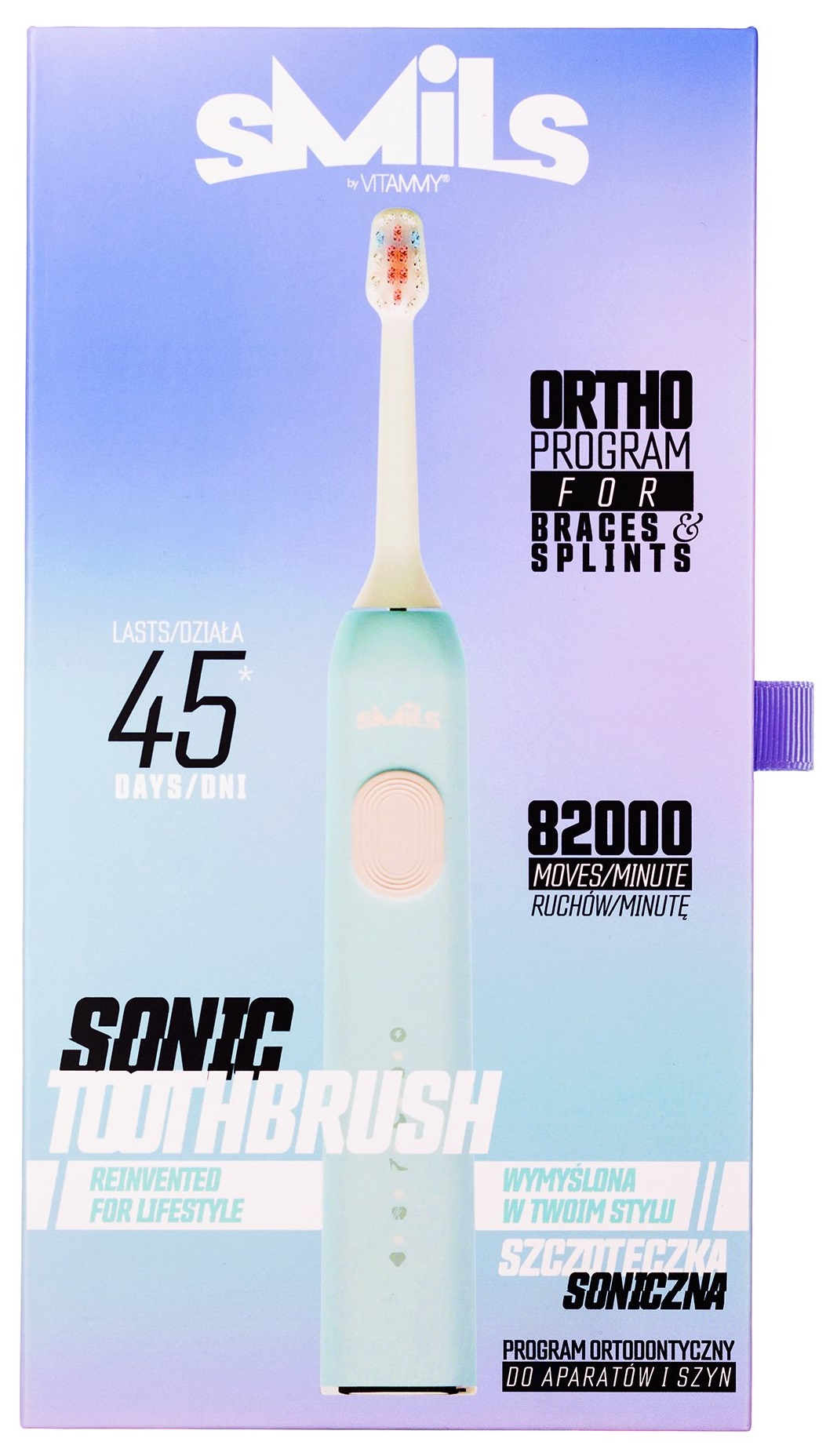 Pudełko szczoteczki sonicznej. Zawiera szczoteczkę i szczegóły produktu.