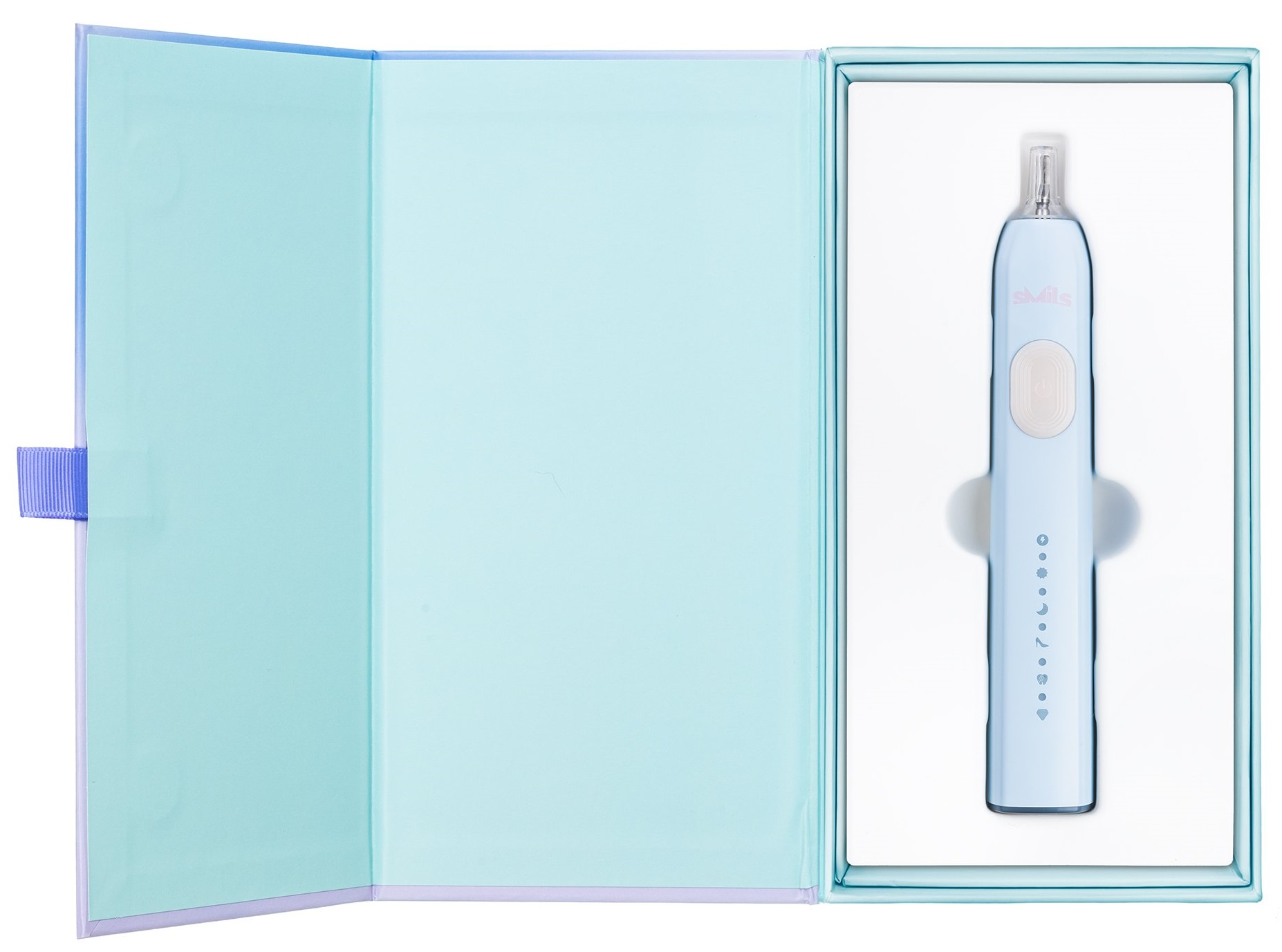 Niebieska szczoteczka do zębów w pudełku. Pudełko jest otwarte, szczoteczka w środku.