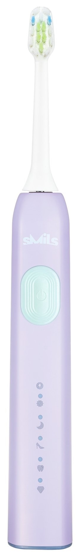 Fioletowa szczoteczka elektryczna z miętowym zielonym przyciskiem zasilania.