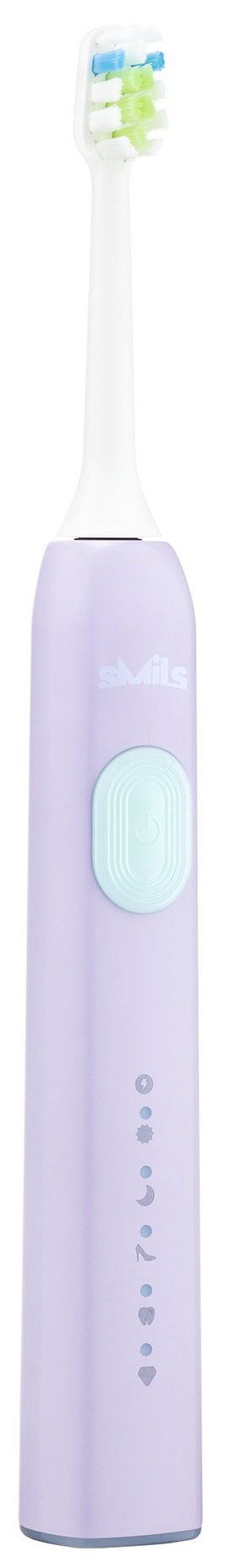 Fioletowa szczoteczka elektryczna z białą główką. Widoczny przycisk zasilania i wskaźniki ładowania.