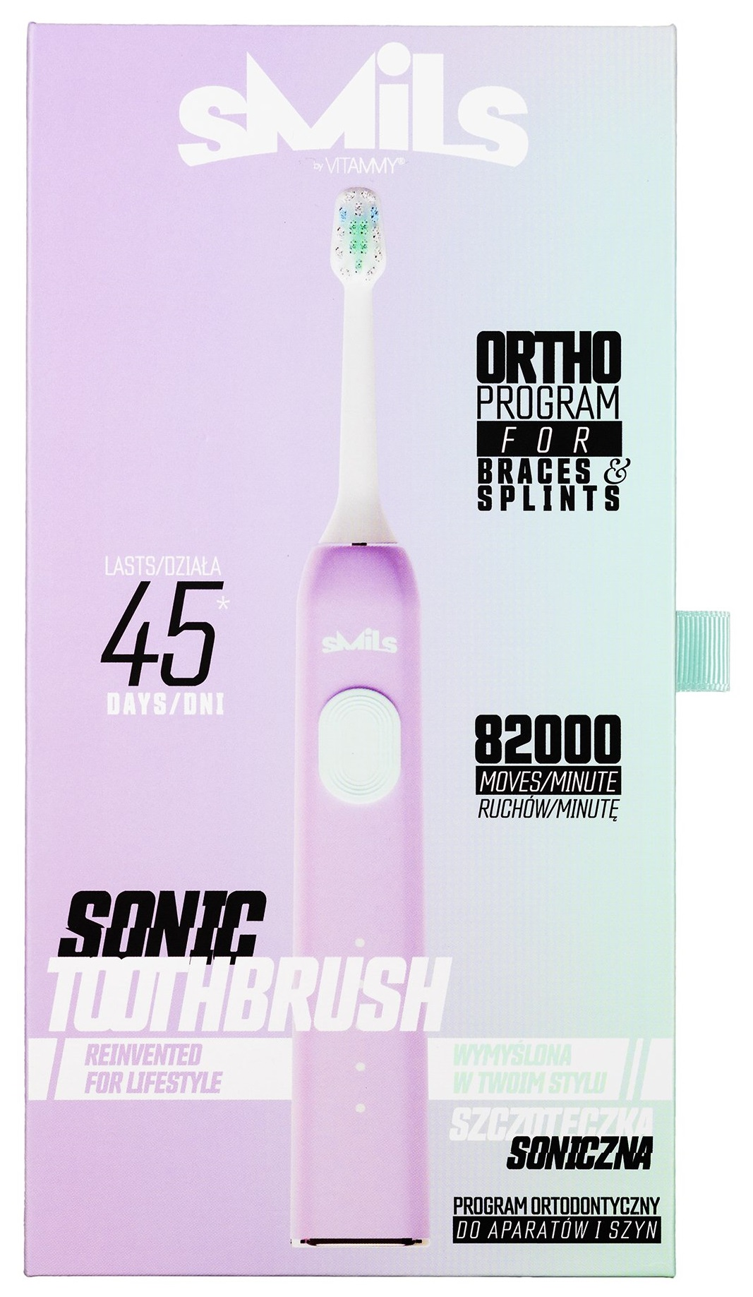 Różowa i biała elektryczna szczoteczka do zębów z zielonym włosiem na kolorowym pudełku.